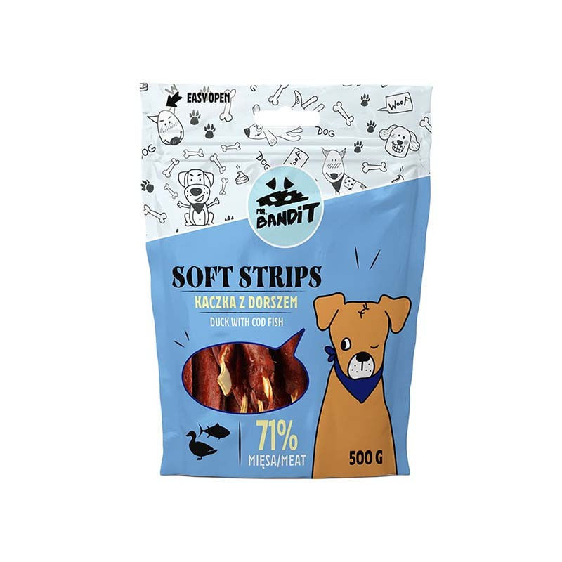 MR. BANDIT SOFT STRIPS 500g - przekąska dla psa kaczka z dorszem MR. BANDIT SOFT STRIPS 500g - przekąska dla psa kaczka z dorszem