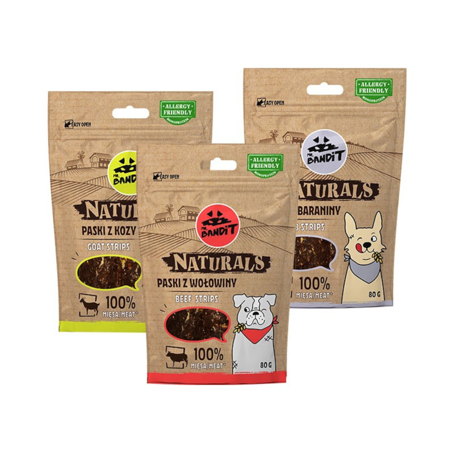 MR. BANDIT NATURALS - pakiet mięsnych pasków (3x80g) baranina/koza/wołowina MR. BANDIT NATURALS - pakiet mięsnych pasków (3x80g) baranina/koza/wołowina