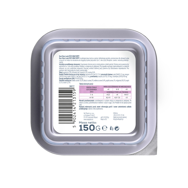 RAW PALEO LAMB PATE MINI PUPPY - mokra karma dla szczeniąt - jagnięcina 150g