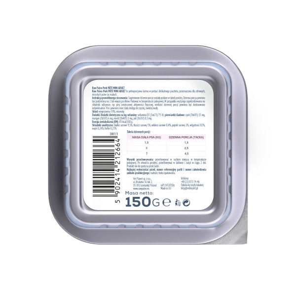 RAW PALEO PORK PATE MINI ADULT - mokra karma dla psów dorosłych - wieprzowina 150g