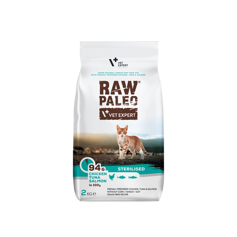 RAW PALEO – sucha karma z kurczakiem, tuńczykiem i łososiem dla kotów sterylizowanych 2 kg RAW PALEO – sucha karma z kurczakiem, tuńczykiem i łososiem dla kotów sterylizowanych 2 kg